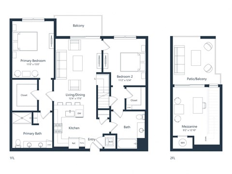 Floor plan for 2 beds, 2 baths, 1368 sqft